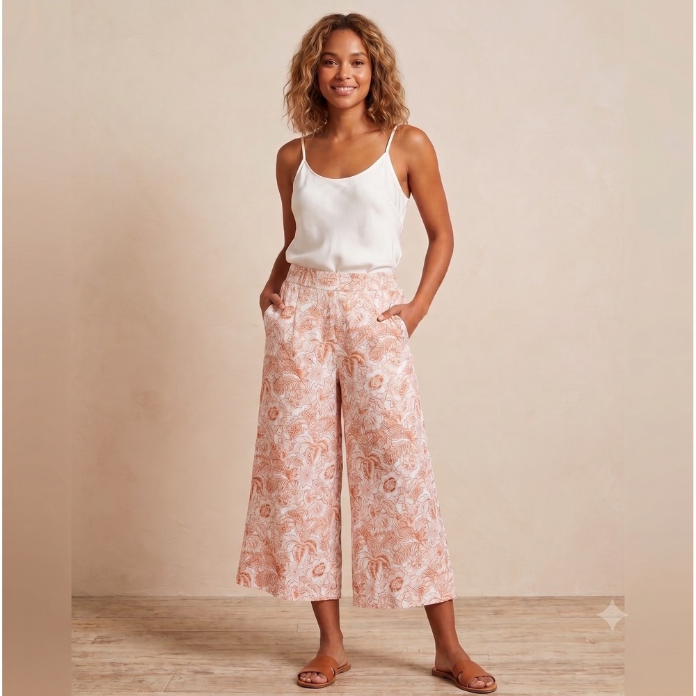 Rachel Zoe 100% Linen Wide Leg Crop Pants Orange Tropical Floral Print Medium